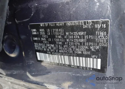 2016 Subaru Outback 2.5I Premium from USA, damaged, VIN 4S4BSAFC3G3311727